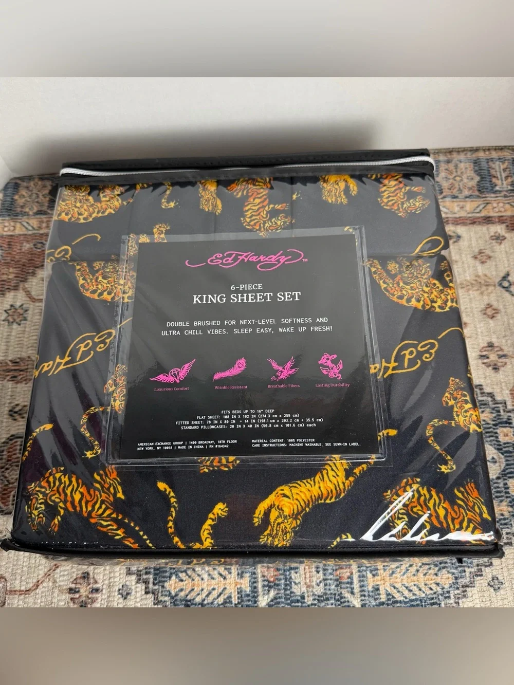 Ed Hardy Black Sheet Set with Gold and Orange Tiger Motif
